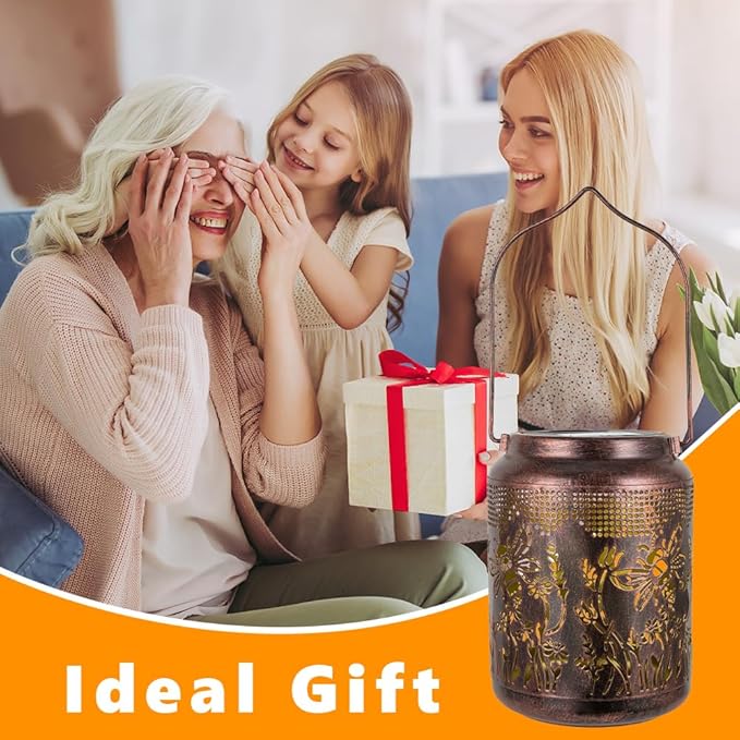 2 Pack Bee Solar Lanterns Outdoor Waterproof Hanging Solar Lights LED 6.9" Metal Flower Bee Decorative Lantern for Patio,Yard,Porch,Table,Garden Birthday Gifts for Women Mom Grandma