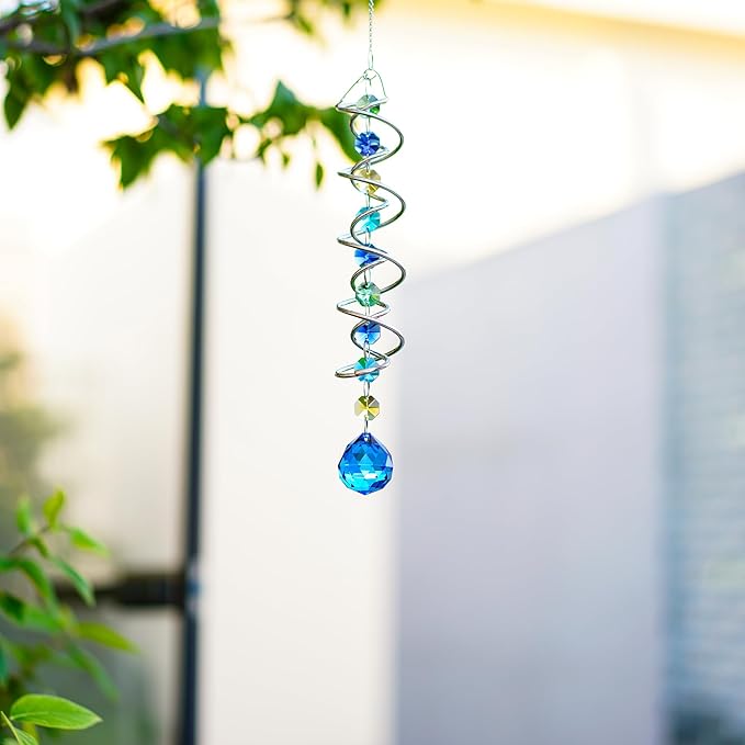 H&D HYALINE & DORA 17.7inch Gazing Ball Spiral Tail,Decorative Wind Spinner Sun Catcher,Rainbow Maker Double-Spiral W/Sea Blue Crystal Ball and Chain,Glass Crystals for Indoor Outdoor Decoration
