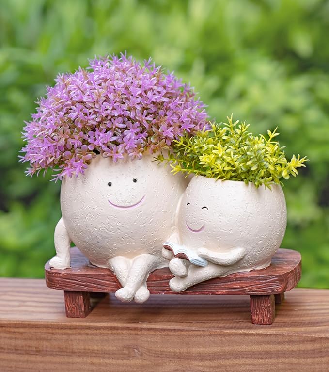 Cute Head Planter with Smiley Face, Double Pots in One, Novelty Plant Face Pot, for Indoor Outdoor Plants,Christmas, (Khaki)