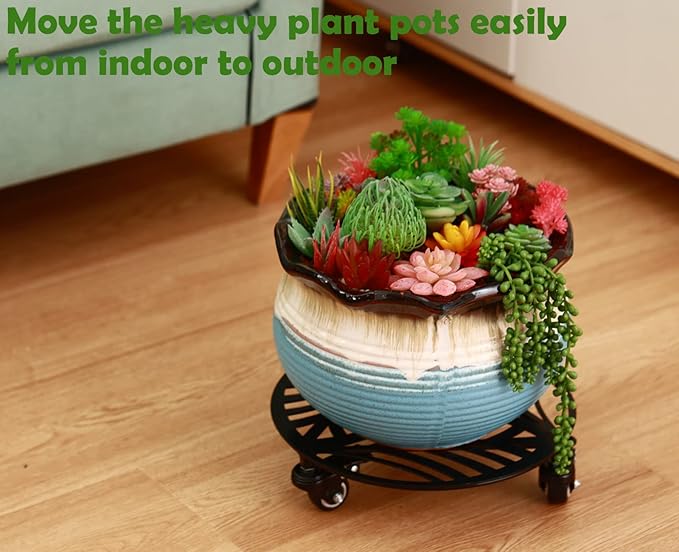1 Pack 16 inches Extra-large Metal Plant Caddy with Wheels Heavy-duty Iron Rolling Plant Stand with Casters Indoor Outdoor Wheeled Plant Roller Base Pot Movers Plant Dolly Coaster Trolley Black