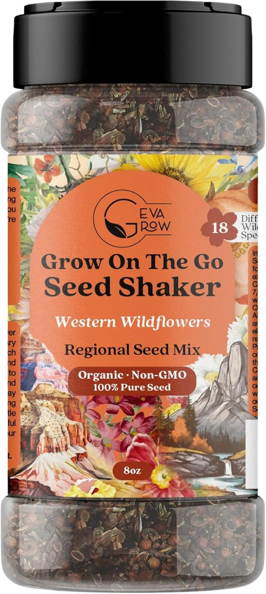 on The Go Seed Shaker - Western Wildflower Seeds Regional Mix - Organic, Non-GMO - 100% Pure Seed - 18 Different Wildflowers Seeds of Annual and Perennial, 8oz