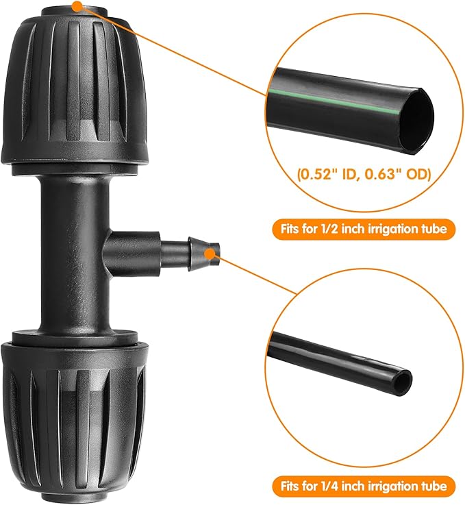 Drip Irrigation Fittings for 1/2 inch Tubing(0.63" OD) to 1/4 inch Irrigation Tubing, 15 Pieces Barbed Tee Drip Parts Twist Locked 3 Way Connectors for Drip Irrigation Hose (13mm ID / 4mm ID)