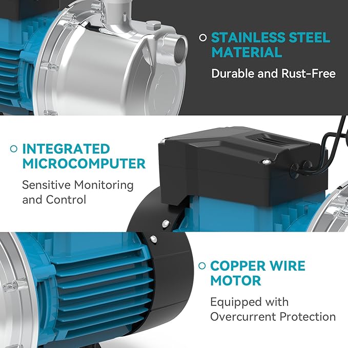 4/5 HP Smart Control Booster Jet Pump, 1000 GPH 115V Stainless Steel Shallow Well Pump with Automatic On/Off for Home, Garden, Farm Irrigation, and Sprinkler Systems, Enhanced Water Pressure