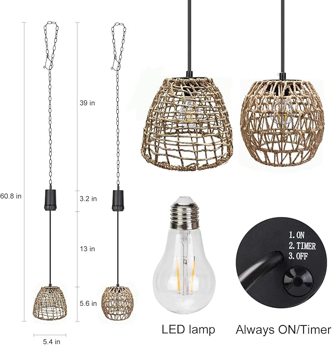 6 Hours Timer Battery Operated Outdoor Hanging Light Seagrass Woven Waterproof Porch Gazebo Patio Pendant Lantern Chandelier Lighting Decorative Hollow-Out Auto On/Off Warm White Bulb