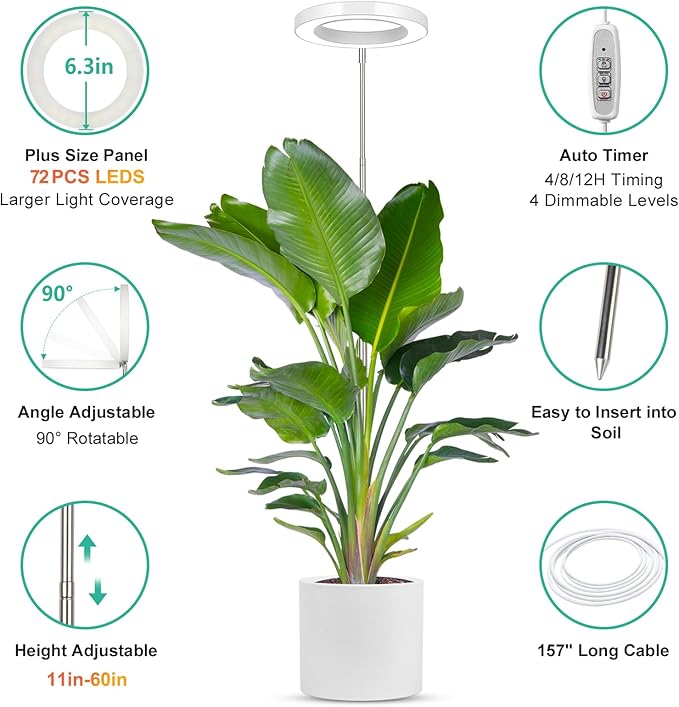 LORDEM Full Spectrum LED Grow Light, 72 LEDs, 4 Brightness Settings, Auto On/Off Timer, Height Adjustable, Ideal for Indoor Plants