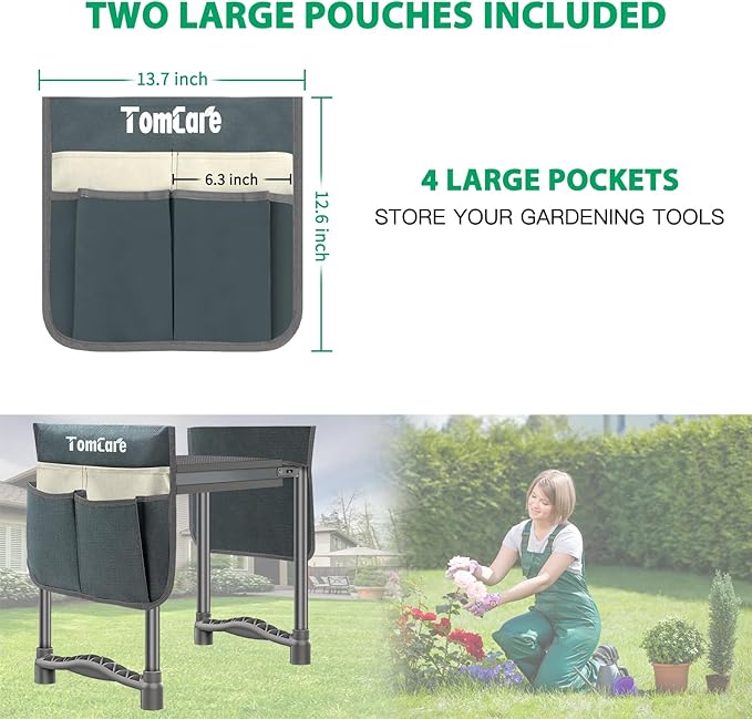 TomCare Upgraded Garden Kneeler and Seat Widen Soft Kneeling Pad Garden Tools Stools Garden Bench with 2 Larger Tool Pouches Outdoor Foldable Sturdy Gardening Tools Gifts for Gardeners, Grey