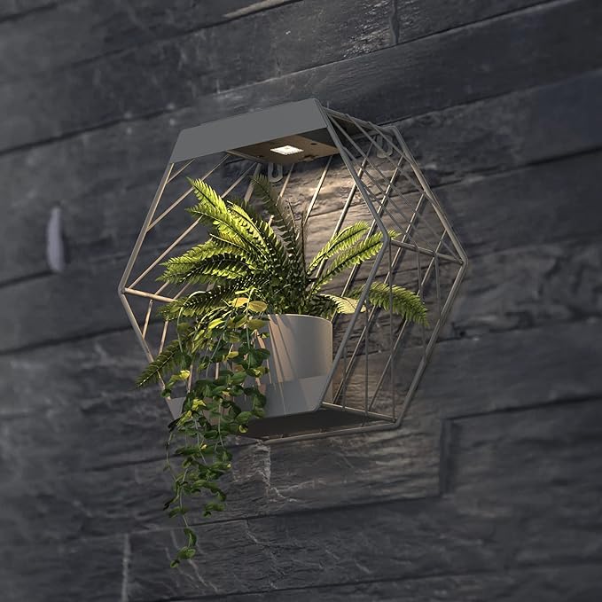 Grand patio Outdoor Leiden LED Solar Hexagon Wall Sconce Planter, with Dusk to Dawn Sensor Decor Wall Lighting for Garage Doorway Patio Yard, Cement Grey (L-Linear)