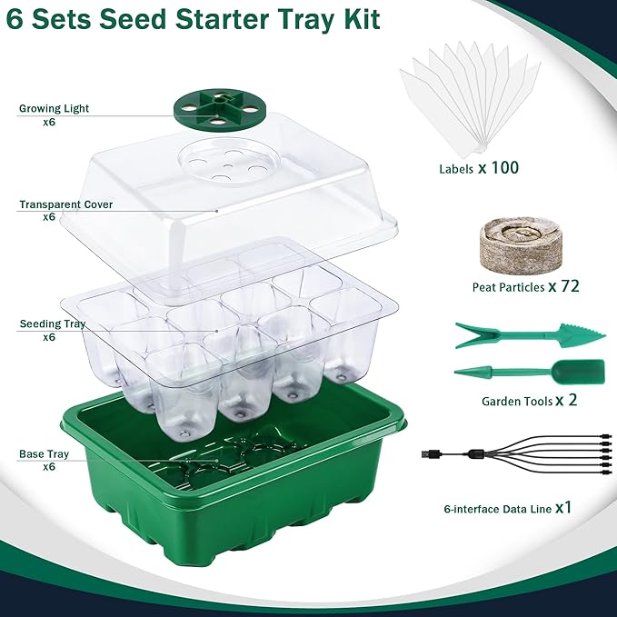 6 Pack Seed Starter Tray Kit with Grow Light and Humidity Dome Germination Trays with 72 Peat Pellets, Plant Labels, Gardening Tools, Plant Growing Trays for Seeds Growing Starting, Green