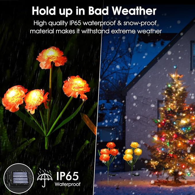 Solar Flowers Outdoor Waterproof, Solar Carnation Stake Lights Outside with 12 Real Looking Flowers for Yard Decorations Outdoor, Front Yard, Garden, Flower Bed, Lawn, Patio Decor (3 Pack)