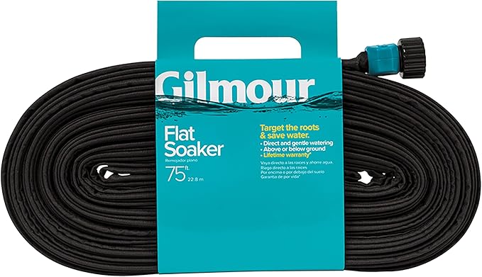 Gilmour 75' Black Flat Weeper Soaker Hose for Garden Beds, Drip Irrigation Outdoor Hose, Flexible Garden Hose for Vegetable Gardens, Flower Beds, Lawns, and Orchards