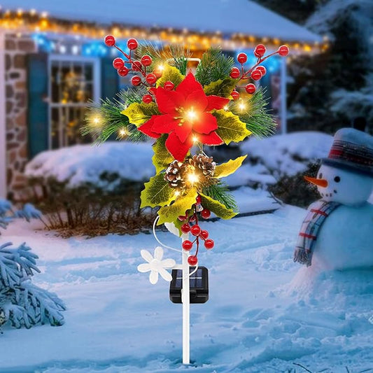 Solar Christmas Decorations Outdoor, 32 Inch Solar Christmas Cross Stake Lights, Waterproof Grave Decorations with Poinsettia Flower Pinecones Red Berries for Garden Yard Patio Lawn Cemetery