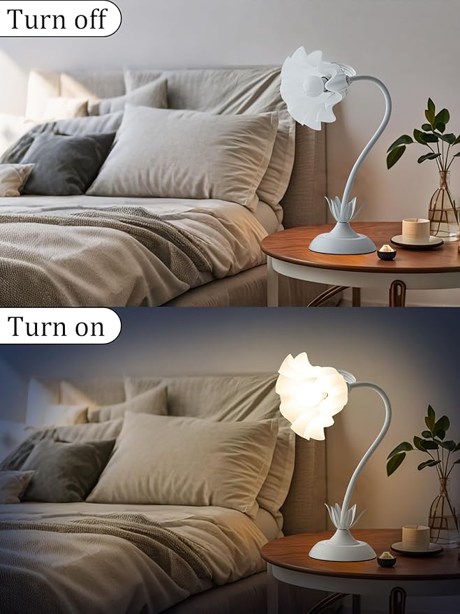 Flower Table Lamp,LED Reading Light Bedside Vintage Flower Night Light,3 Colors Modes Kawaii Bedside Lamps Decor,Living Room Bedroom Room Lighting Table Lamps Home Decoration (White)