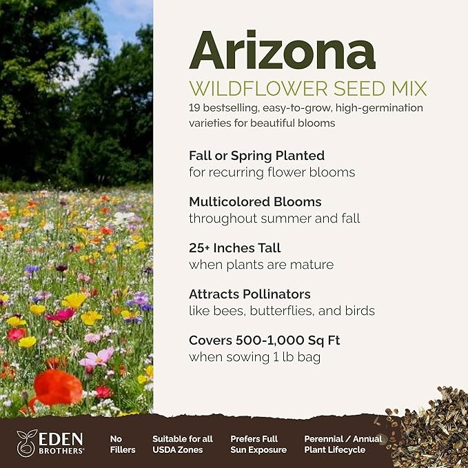 Eden Brothers Arizona Wildflower Mixed Seeds for Planting, 1 lb, 480,000+ Seeds with Yarrow, Cosmos, Indian Blanket | Attracts Pollinators, Plant in Spring or Fall, Zones