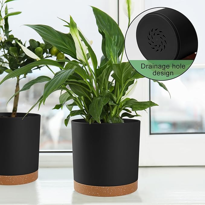 Plant Pots – 7/6.5/6/5/4 Inch Plastic Planters with Drainage Holes and Saucers, Flower Pots for Indoor and Outdoor Plants (Black)