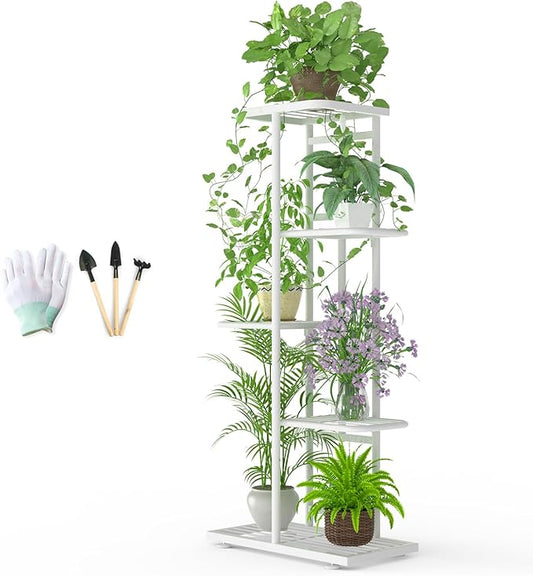 5 Tier 6 Potted Plant Stand Indoor with Gardening Tools and Gloves, Upgraded Corner Tall Metal Plant Shelf Organizer Outdoor, Multiple Flower Pot Holder Display Rack (5 -Tier White)