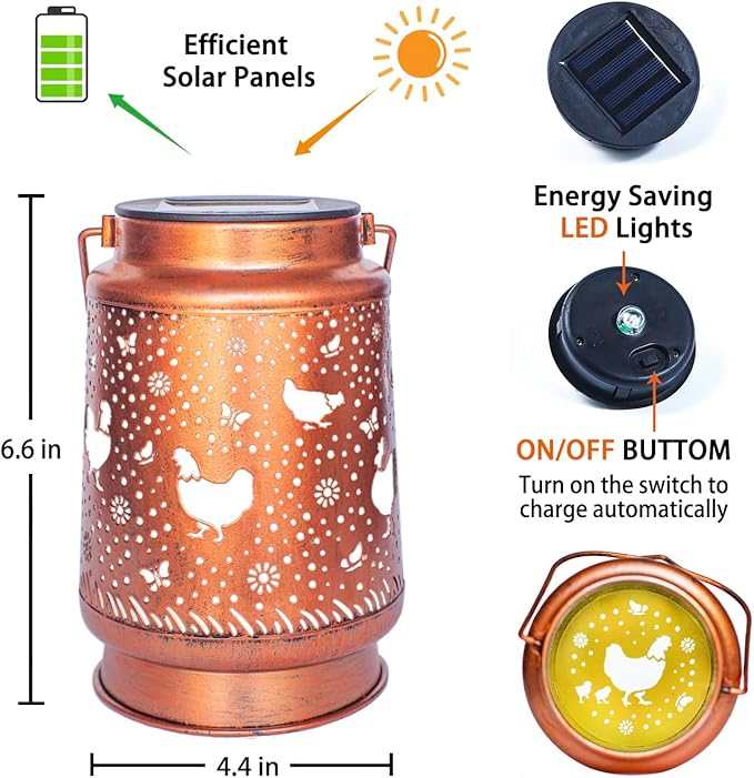 2 Pack Solar Chicken Lanterns Outdoor Waterproof Hanging Lights for Garden Decor, Yard, Patio, Lawn, Tabletop, Pathway, Landscape - Metal Decorative LED Gifts for Women Men