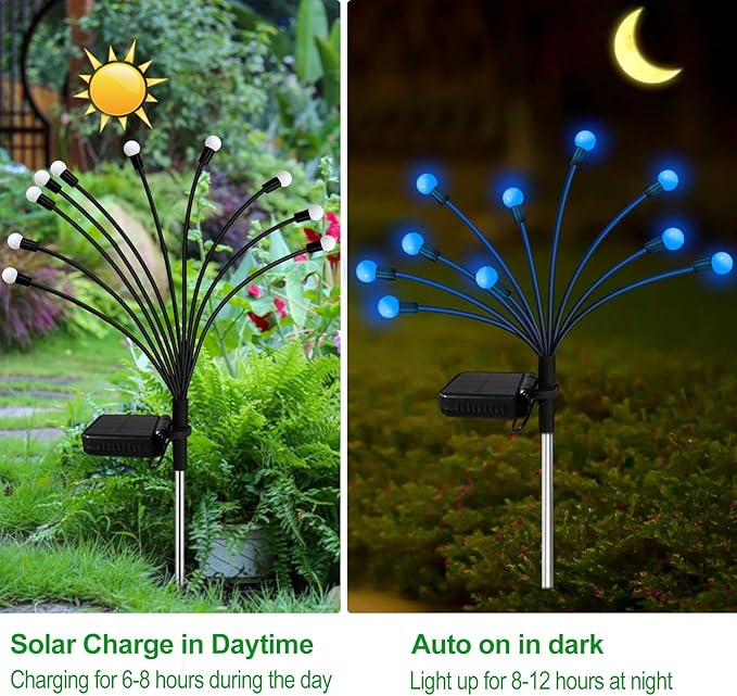 Solar Garden Lights Outdoor, 2 Pack 20 LED Blue Firefly Lights, Waterproof, Sway by Wind, for Yard Patio Backyard Garden Planter Flower Bed Pathway Decoration
