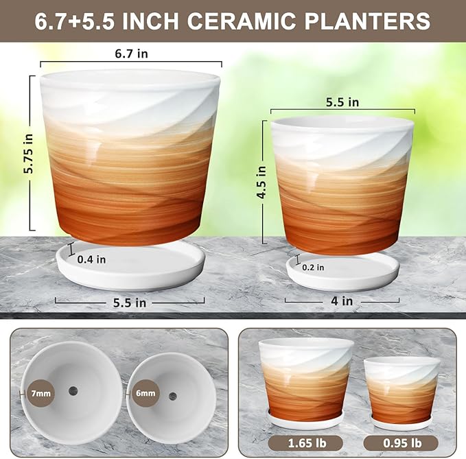 6.7 + 5.5 Inch Plant Pot, Ceramic Planter with Drainage and Saucer，Ceramic Pots for Plants, Indoor Plant pots，planters for Indoor Plants(Khaki + White)
