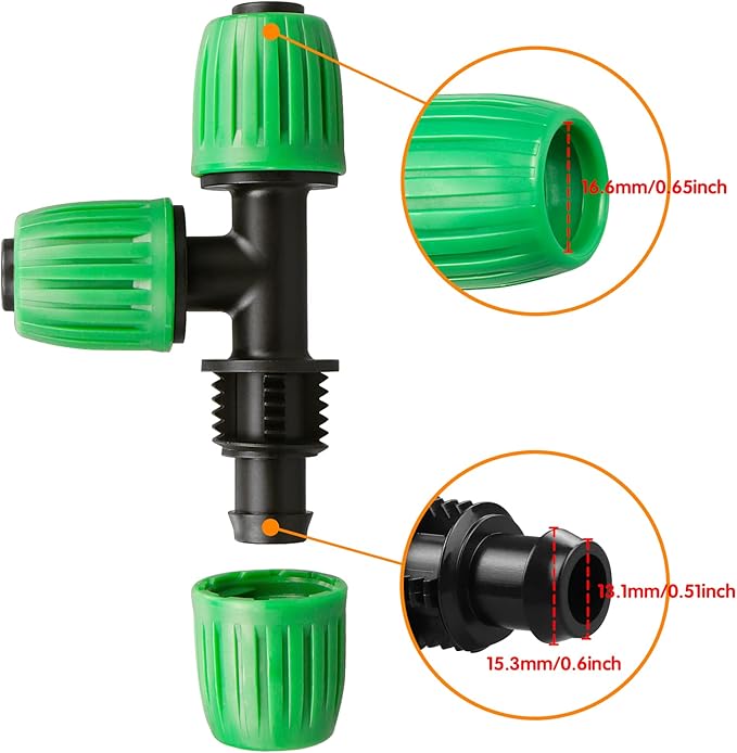Drip Irrigation Fittings for 1/2 inch Tubing (0.60"-0.63" OD), 12 Pieces Barbed Tee Drip Parts Locked Tee Connectors, 3 Way Drip Line Nuts Connectors for 1/2" Drip Irrigation Hose (13mm ID)