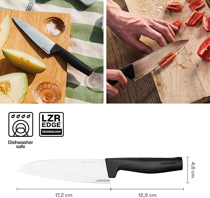 Fiskars Hard Edge Medium 6.8" Chef Knife - Japanese Stainless Steel Blade Stays Sharp for Everyday Use - Non-Slip Handle for Effortless Cutting - Dishwasher Safe