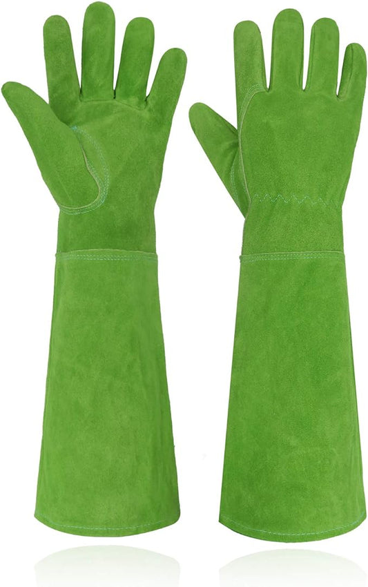 HANDLANDY Ladies Leather Gardening Gloves, Thorn Proof Long Gauntlet Heavy Duty Garden Gloves, Elbow Length Women Rose Pruning Gloves (Large, Green)