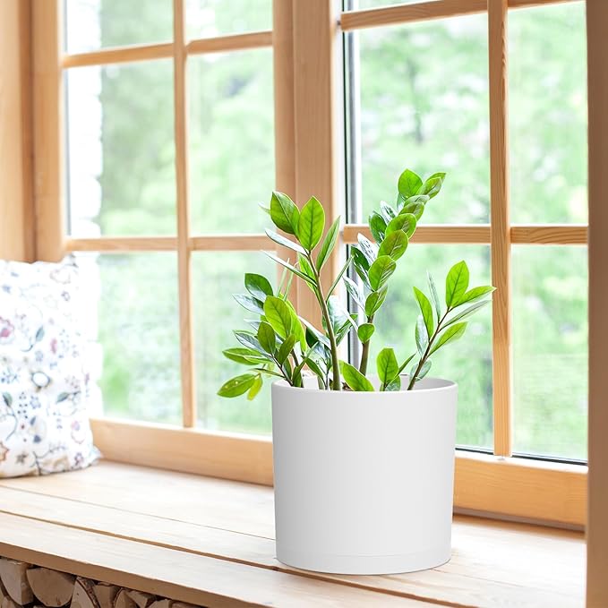 8 Inch Cylinder Plant Pots for Indoor Outdoor Plants, Medium Deep Flower Pots with Drainage Holes & Saucer, Decorative Plastic Planter Pots for Garden House Plants, White