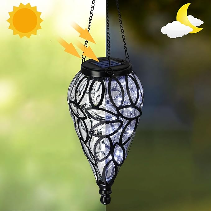 Outdoor Plastic Solar Hanging Lantern, 15 Cool White LEDs Twinkle Effect Tear-Shaped Hanging Lantern Decor Garden Decorative Solar Lights for Backyard, Patio and Lawn
