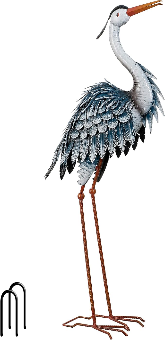 TERESA'S COLLECTIONS Garden Decor Blue Heron Sculptures & Statues Backyard Decor,24.5" Coastal Metal Cranes Decoy for Outdoor Decoration Outside Yard Art Patio Pond Pool Lawn,Housewarming Gift for Mom