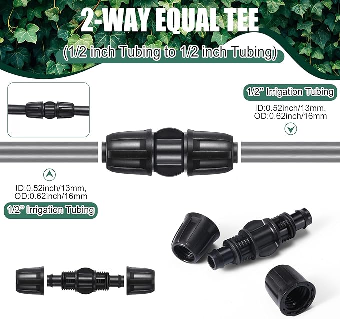 Frienda 40 Pcs Barbed Tee 1/2 Inch Tubing (1/2" IDx0.6-0.63" OD) 16mm to 1/4 Inch Irrigation Tube Fittings Drip Irrigation Parts Anti Drop Locked Reducing Tee for Drip Hose, Green and Black