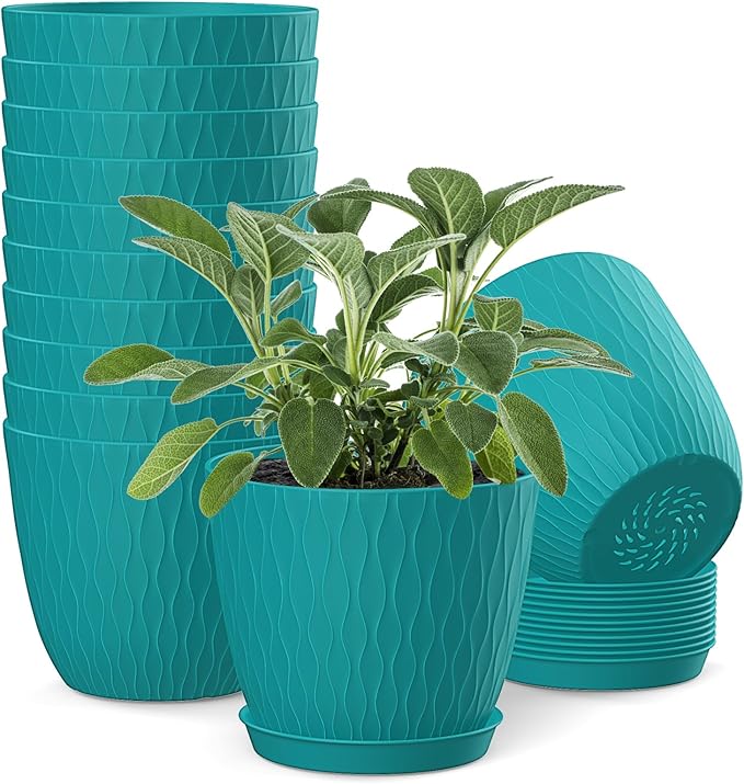 6 inch Plant pots, 12 Pack Modern Plastic Planters with Drainage Holes and Saucers for Repotting Indoor Plants and Flowers, Blue