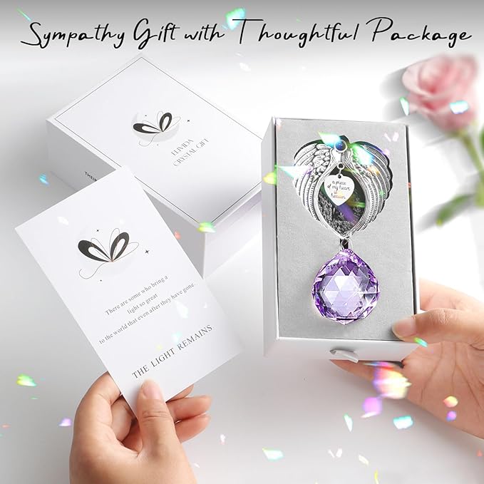 Sympathy Gift Modern Grief Gift for Lose of Loved Ones, Memorial Suncatcher with 40mm Crystal Ball, Sorry for Your Lose Rainbow Maker, Bereavement Gift Idea Angel Wings Design, Purple