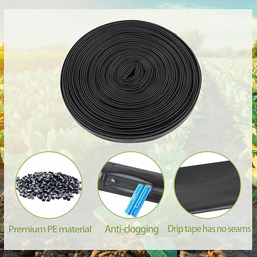 100 ft 5/8" Drip Tape Emitter Spacing 6" Irrigation Tape Drip Line Automatic Irrigation Equipment for Garden Irrigation Patio Wall Thickness : 15 mil Emitter Flow : 0.53 GPH Drip Tape Irrigation
