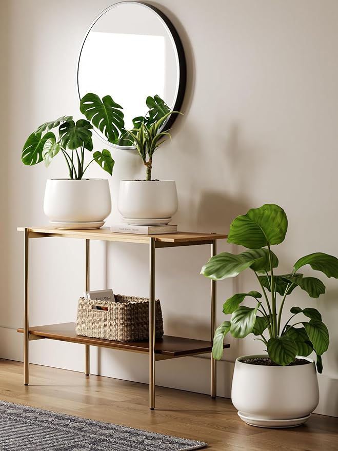 LE TAUCI Ceramic Plant Pots, Set of 2, 10 Inch 12 Inch Planters for Indoor Plants, Elegant Decorative Flower Pot, Sturdy Large Planter with Drainage Tray, Suitable for Porch, White