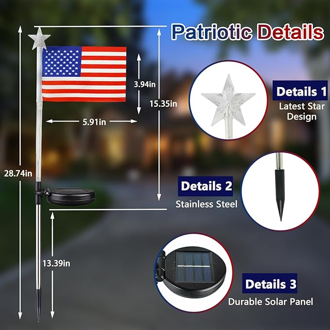 6 Pack 4th of July Decorations Outdoor Solar Lights, Red White and Blue Star Lights for National Day with American Flag, 2 Modes Waterproof Patriotic Light for Independence Memory Day Garden Yard Path