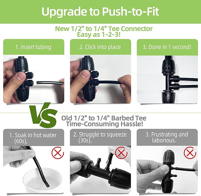 6 Pack 1/2'' to 1/4'' Drip Irrigation Fittings, Push-to-Connect 4 Way Drip Irrigation Part Barbed Tee Connectors, Anti-Leak Locked Splitter Fitting for 1/2" Irrigation Tubing (0.6''-0.67''OD)