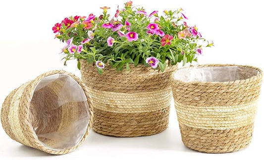 Plant Pots for Indoor Plants, Seagrass Plant Basket Flower Pots Cover, Plant Containers,9.8 inch,Beige&Brown, Set of 3