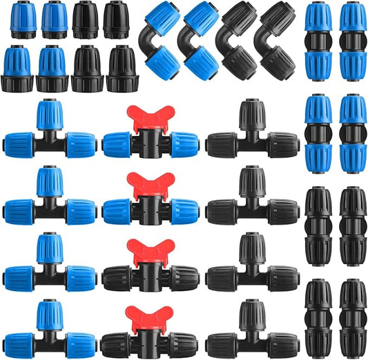 32 Pcs 1/2" Tubing Irrigation Fittings Kit 1/2" ID x 0.6-0.63" OD 16 mm Drip Irrigation Barbed Connectors 4 Switch Valves, 8 Tees, 8 Couplings, 4 Elbows, 4 Ends, 4 Adapters (Blue, Black)