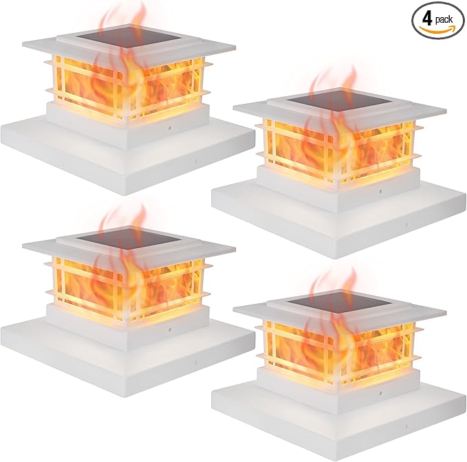 Dynaming 4 Pack Solar Flame Post Lights Outdoor, Solar Powered Fence Post White Shell Cap Light, High Brightness Flickering Flame LED Lighting for Garden Deck Patio, Fit 4x4 5x5 6x6 Vinyl/Wooden Posts
