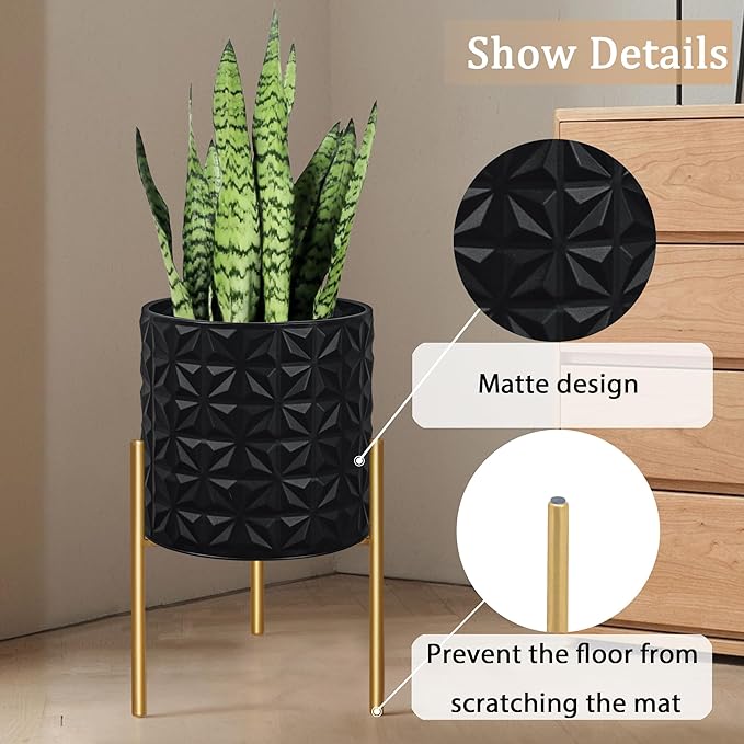 ARNIS Modern Planter Pots, Set of 2 Large Planters with Stand, Decorative Planters, Metal Pots with Drainage Holes for Living Room, Office, Garden or Balcony, 10.5 &12.25 Inch, Matte Black
