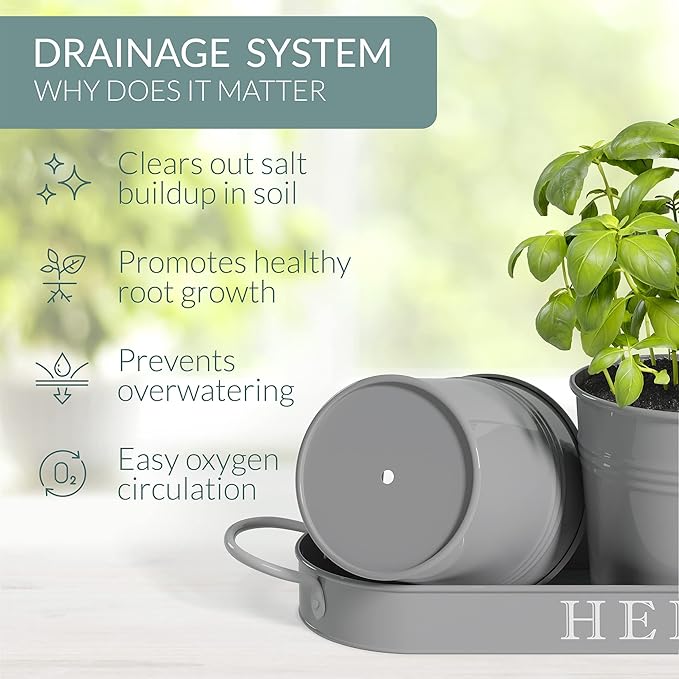 Barnyard Designs Indoor Herb Garden Planter Set with Tray, Metal Windowsill Plant Pots with Drainage for Outdoor or Indoor Plants, Set/3 (Cool Grey)
