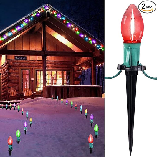 C9 Christmas Pathway String Lights - 2 Pack Total 51.4 Feet 40 LED Lights and 40 Stakes Extendable Waterproof for Outdoor Walkway Lights Driveway Christmas Decorations, Multicolored