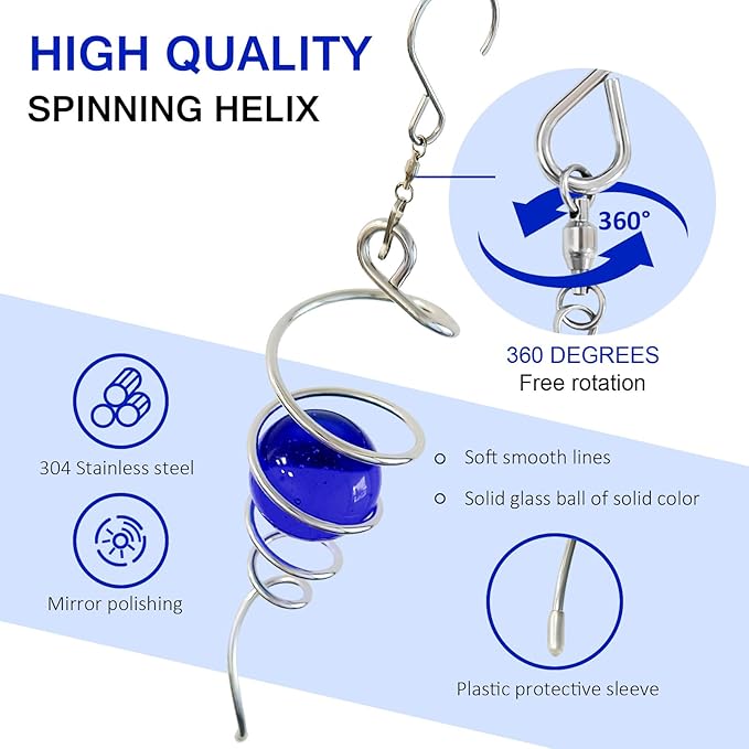 Gazing Ball Spiral Tail Wind Spinner,Decorative Wind Spinner 11inch Tail and 2 inch Glass Orb. Indoor Outdoor Wind Spinner Tail Sun Catcher Garden Decoration-13 inch Height(Dark Blue)