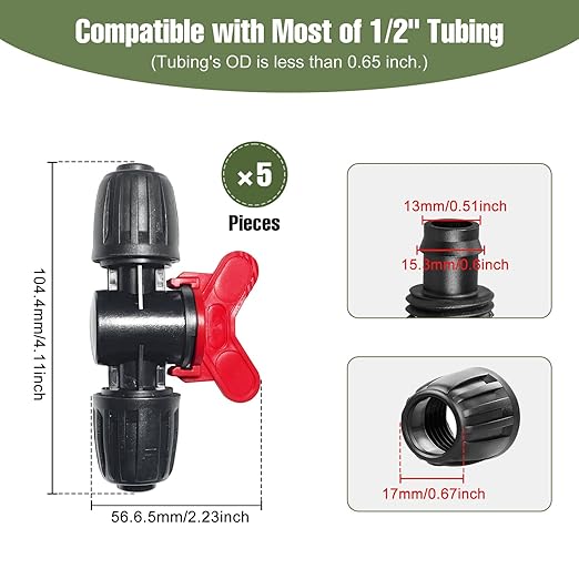 5 Pack 1/2 Inch Drip Irrigation Fittings Shut Off Valve for 1/2 Inch Drip Irrigation Tubing (1/2" ID x 0.60"-0.65" OD), Anti-Leak 1/2'' Drip Line Barbed Ball Valve Coupling Valve for Most 1/2" Tubing
