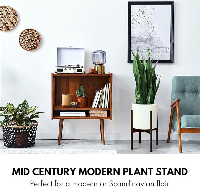 Fox & Fern Adjustable Plant Stand Indoor — 8 to 12 Inch Mid Century Bamboo Plant Stand with Adjustable Width; Plug In Design; Easy to Assemble; Two Height Options - For 8, 9, 10, 11 & 12 Inch Pots