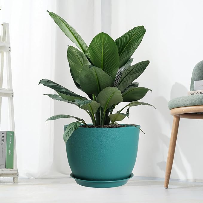 12inch Large Plant Pot, Modern Plastic Planter with High Driange Holes and Saucer for Indoor Outdoor Garden Plants and Flowers, Black with Green Speckles