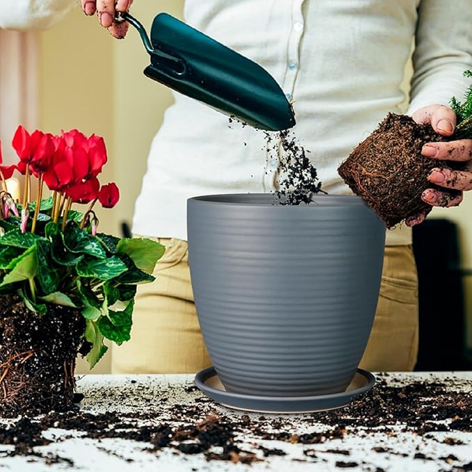 10 Inch Ceramic Planter Round Plant Pots for Plants Indoor Outdoor Glaze Large Flower Pot with Drainage Hole and Saucer Gray