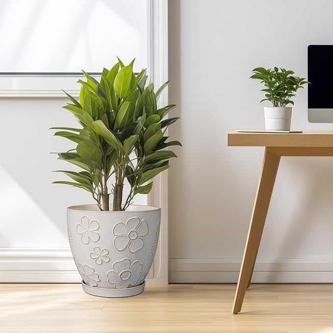 10 Inch Ceramic Planter Pot Large Plant Pot for Indoor Plants Outdoor Round Flower Pot with Drainage Hole and Saucer for Home Garden Decor White