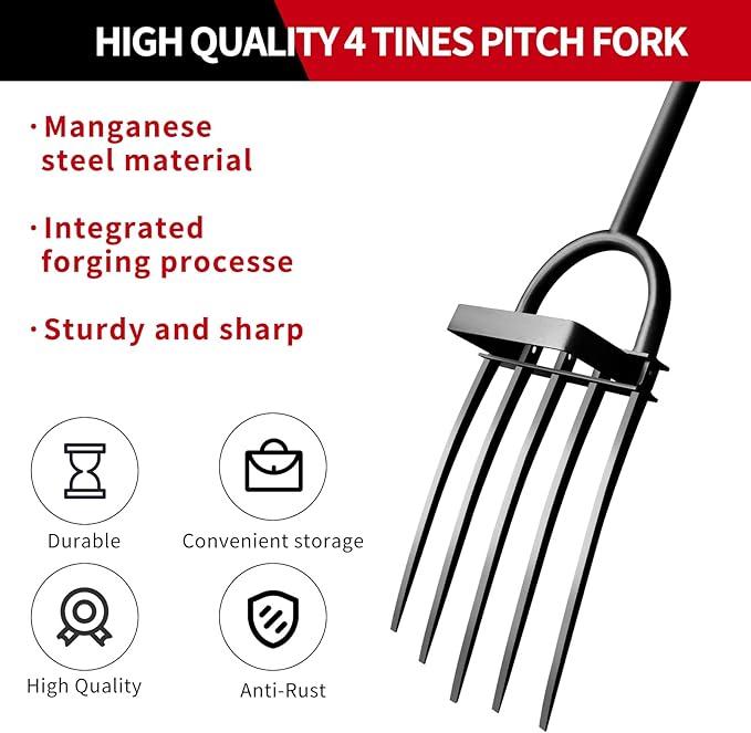 Garden Fork, Pitchforks for Digging Composting Spading, Long Hand Tiller & Cultivator - 5 Tine, 45 inches