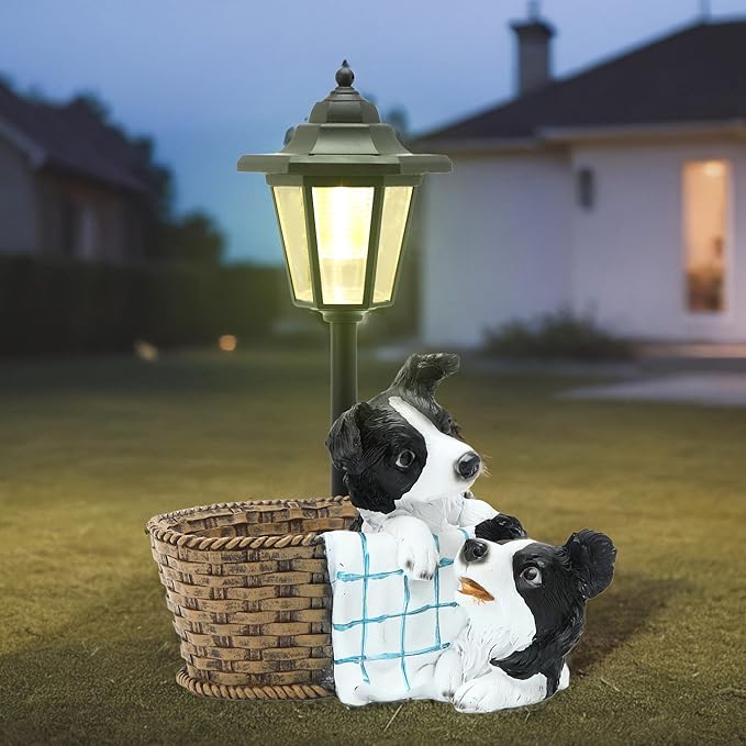 Solar Garden Outdoor Decor Statues Border Collies Resting in Basket with Light,Outside-Outdoor Decorations Sculptures for Patio Yard Lawn Walkway Ornaments Clearance Gifts for Mom Grandma Birthday