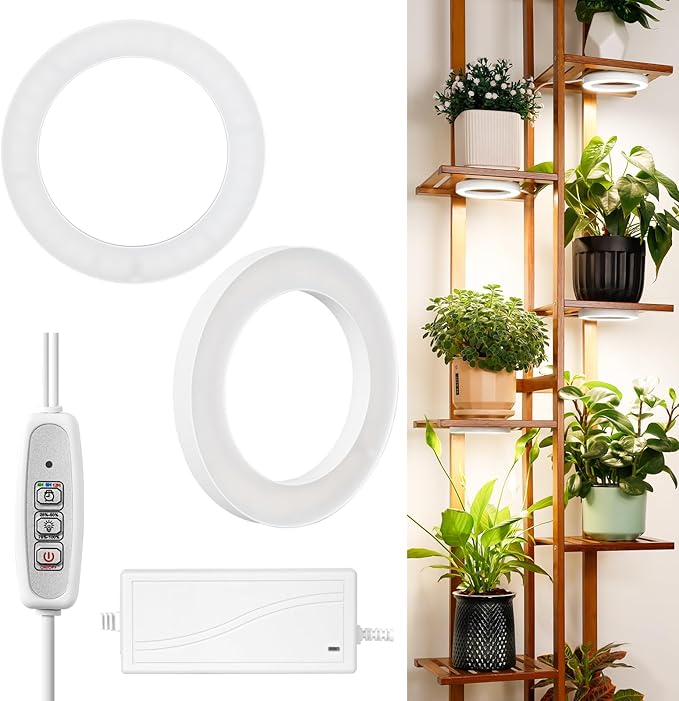 LORDEM 6.3” Ceiling Grow Light for Indoor Plants, 144 LEDs Full Spectrum Halo Grow Lamp, Under Cabinet Plant Lamp with 4/8/12H Auto Timer, 4 Dimmable Brightness Levels, Ideal for Pot Plants, Dual Head